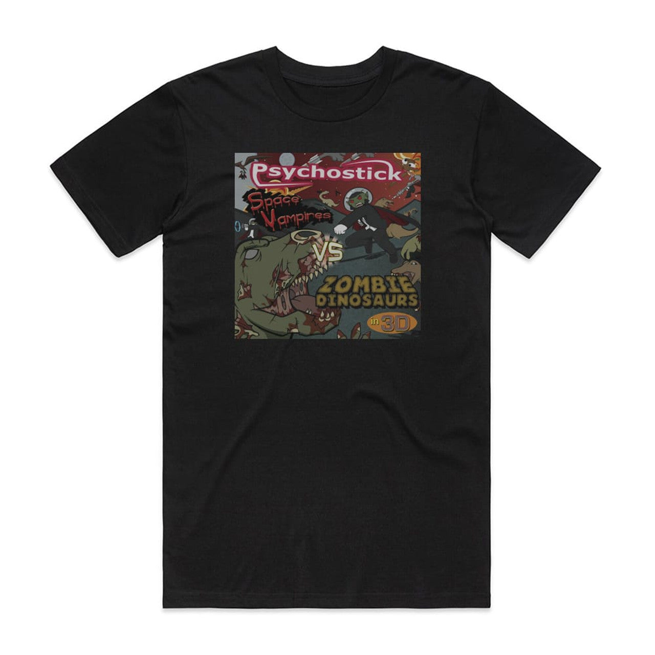 Psychostick Space Vampires Vs Zombie Dinosaurs In 3 D T-Shirt Black